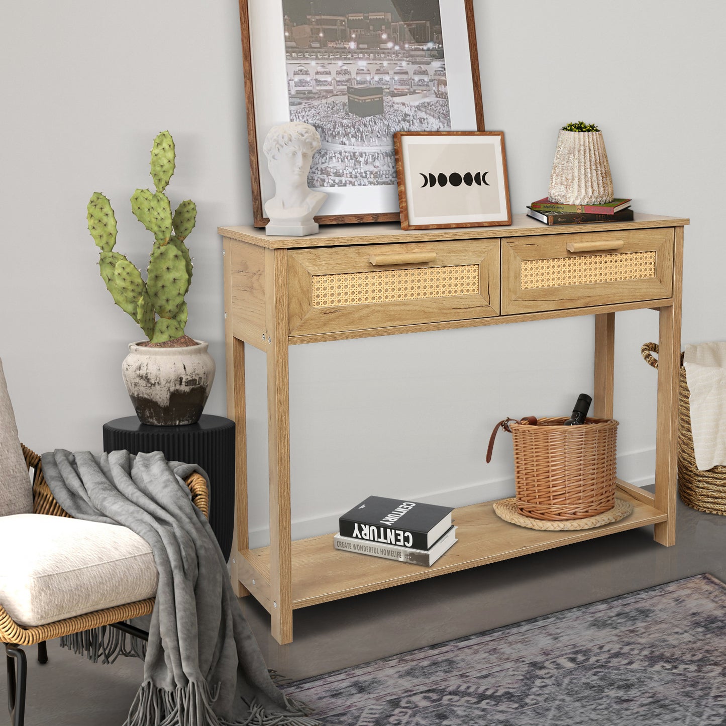 Console Table with 2 Drawers and Open Storage Shelf Narrow Accent Table Rattan Design for Living Room Entryway Hallway Natural Color