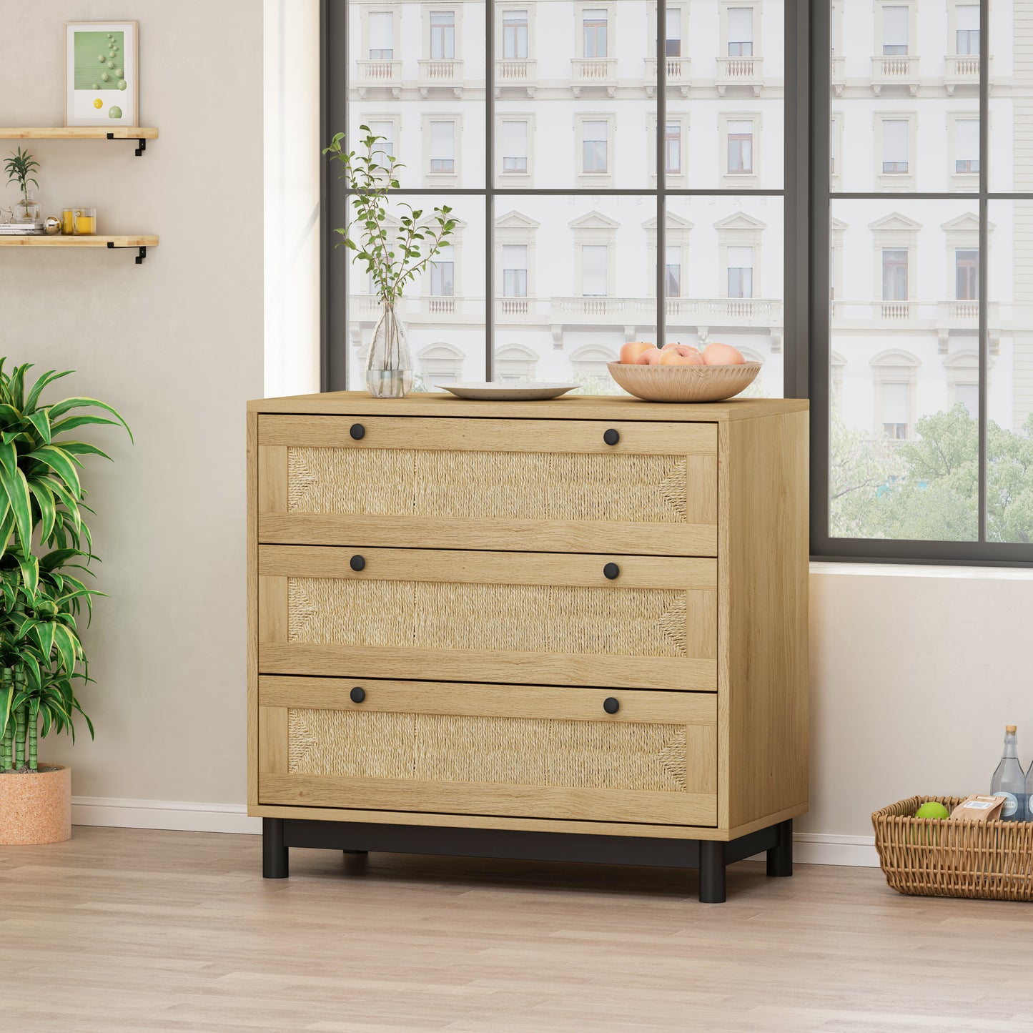 30.31 Inch 3-Drawer Storage Cabinet Rope Woven Drawers for Bedroom Living Room Dining Room Hallways Oak Finish