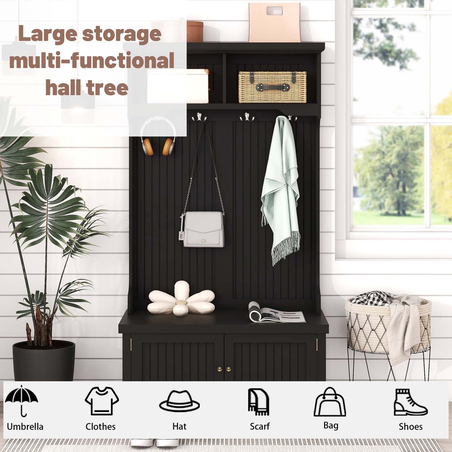 Hall Tree With Storage Shoe Bench For Entryway And Hallway, 4-In-1 Design Coat Racks With 4 Hooks For Living Room