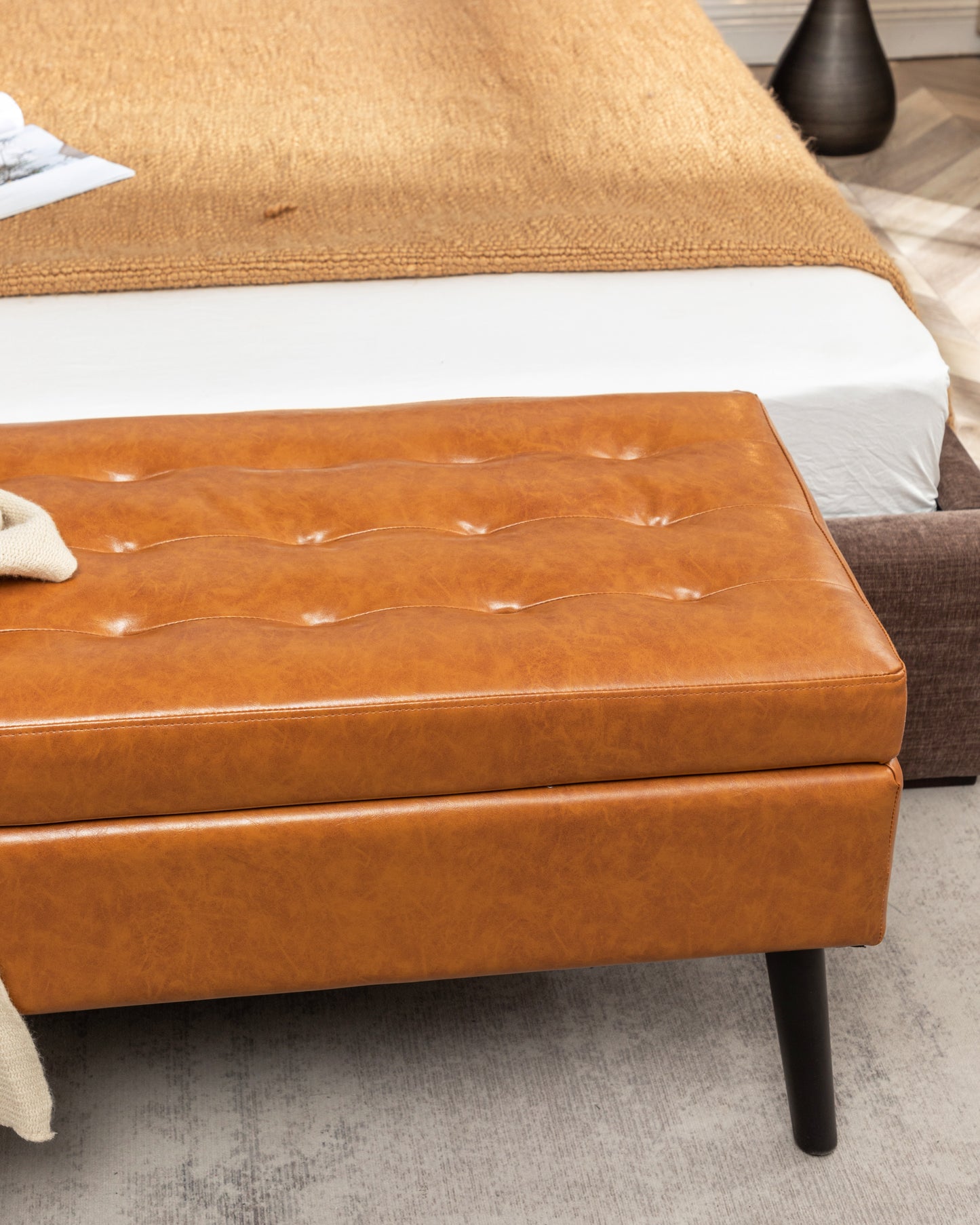 Brown Leather Storage Bench for Bedroom Entryway 43.3" Stylish Ottoman at Foot of Bed