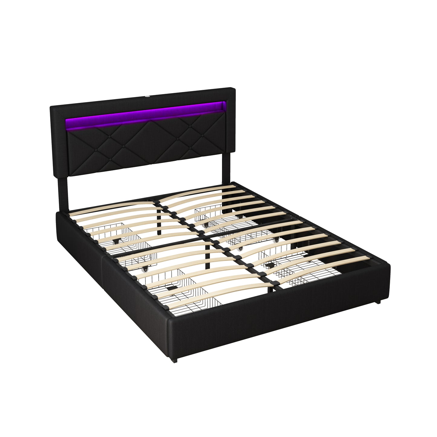 Black Queen Size Bed Frame with LED Lights USB Charging Station and Storage Drawers