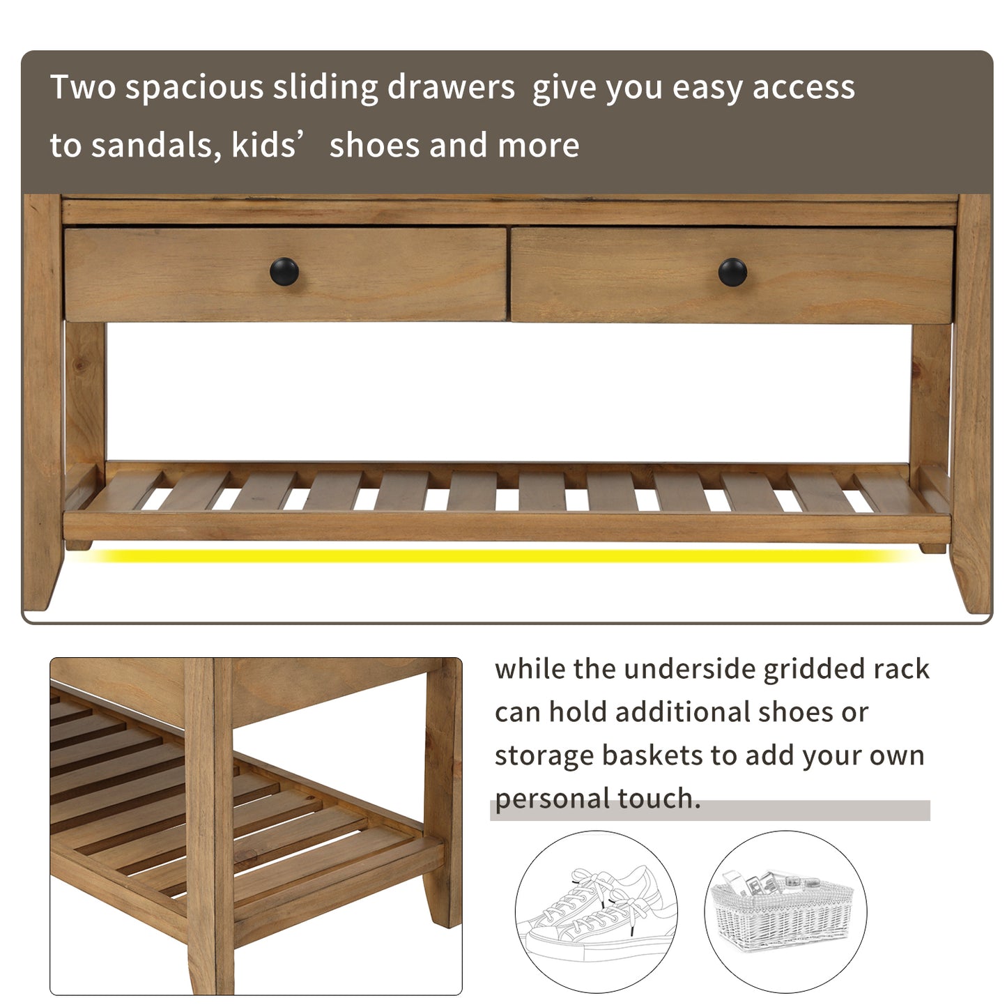 Multipurpose Entryway Storage Bench with Cushioned Seat and Drawers Old Pine Shoe Rack