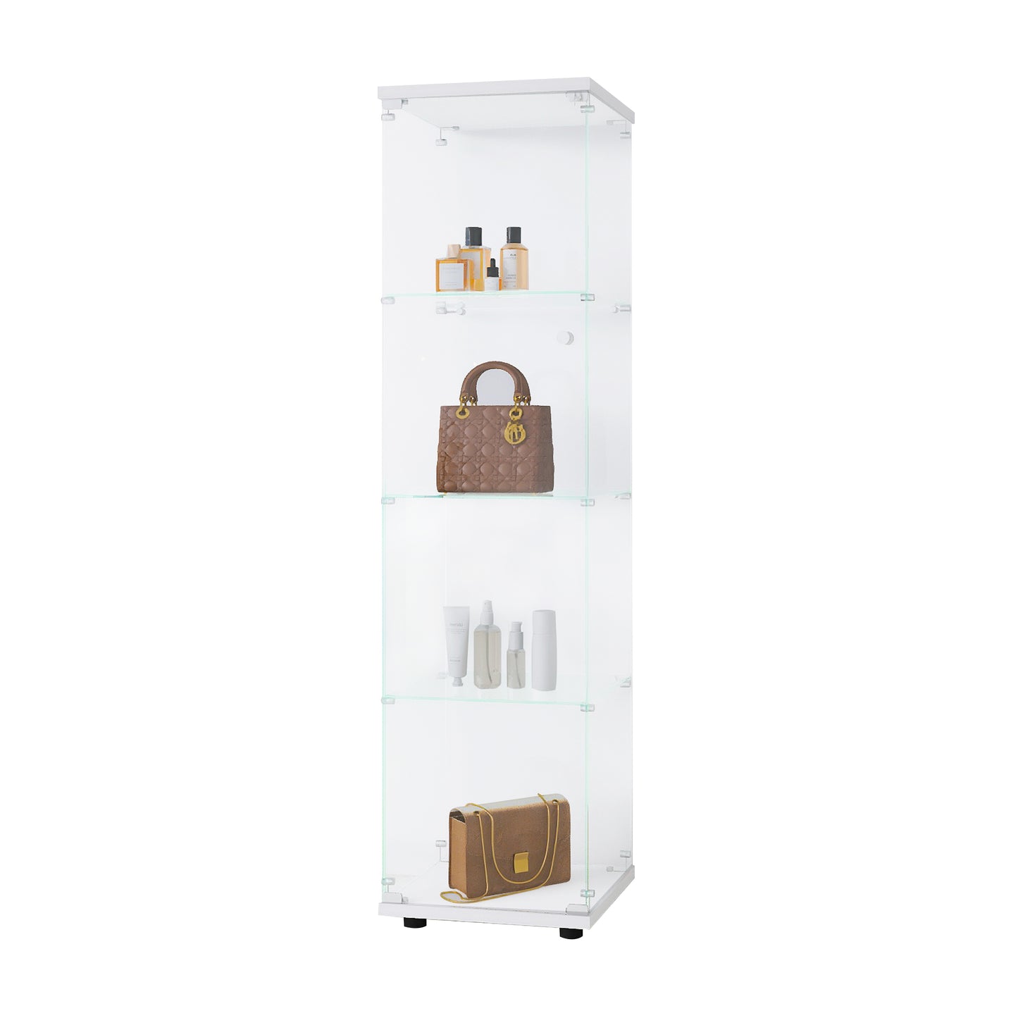 Glass Display Cabinet with 4 Shelves and Door Floor Standing Curio Bookshelf for Living Room Bedroom Office 64.7x16.7x14.3 White