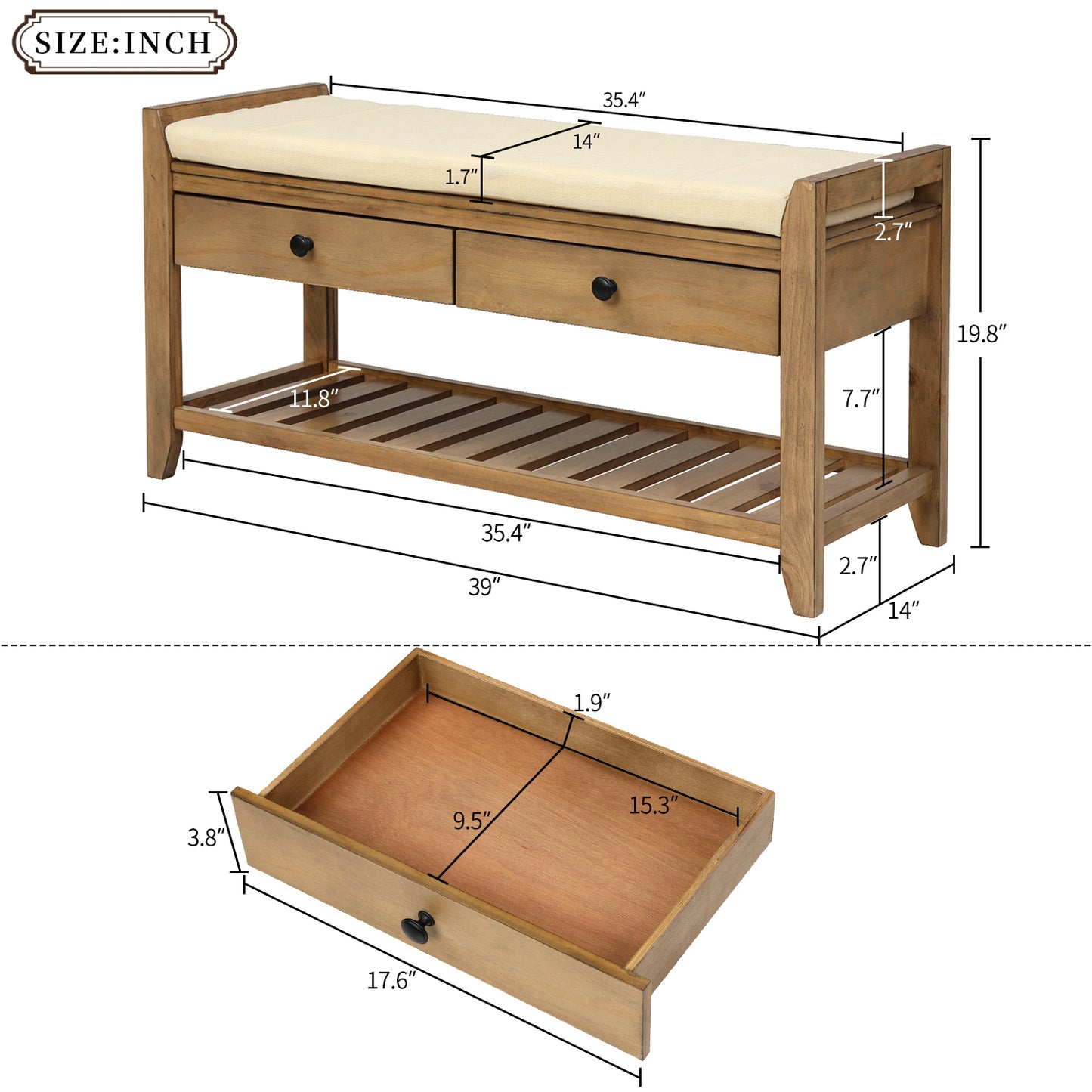 Multipurpose Entryway Storage Bench with Cushioned Seat and Drawers Old Pine Shoe Rack