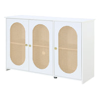 Retro 3-Door Accent Cabinet with Rattan Doors and Metal Handles for Living Room and Hallway Storage White