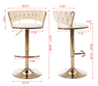 Set of 2 Velvet Bar Stools with Chrome Footrest and Base Swivel Adjustable Height Golden Legs Cream Color