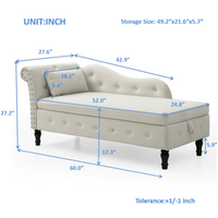 60 Velvet Multifunctional Storage Chaise Lounge, Buttons Tufted, Nailhead Trim, Solid Wood Legs, 1 Pillow, Beige