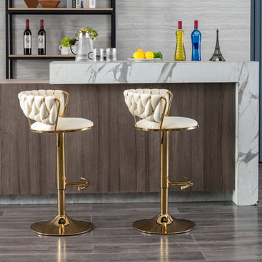 Set of 2 Velvet Bar Stools with Chrome Footrest and Base Swivel Adjustable Height Golden Legs Cream Color