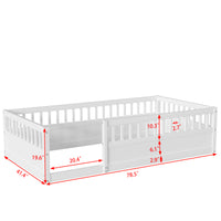 Twin Floor Bed Frame with Fence, Wood Kids Floor Beds Frame for Bedroom Playroom,White