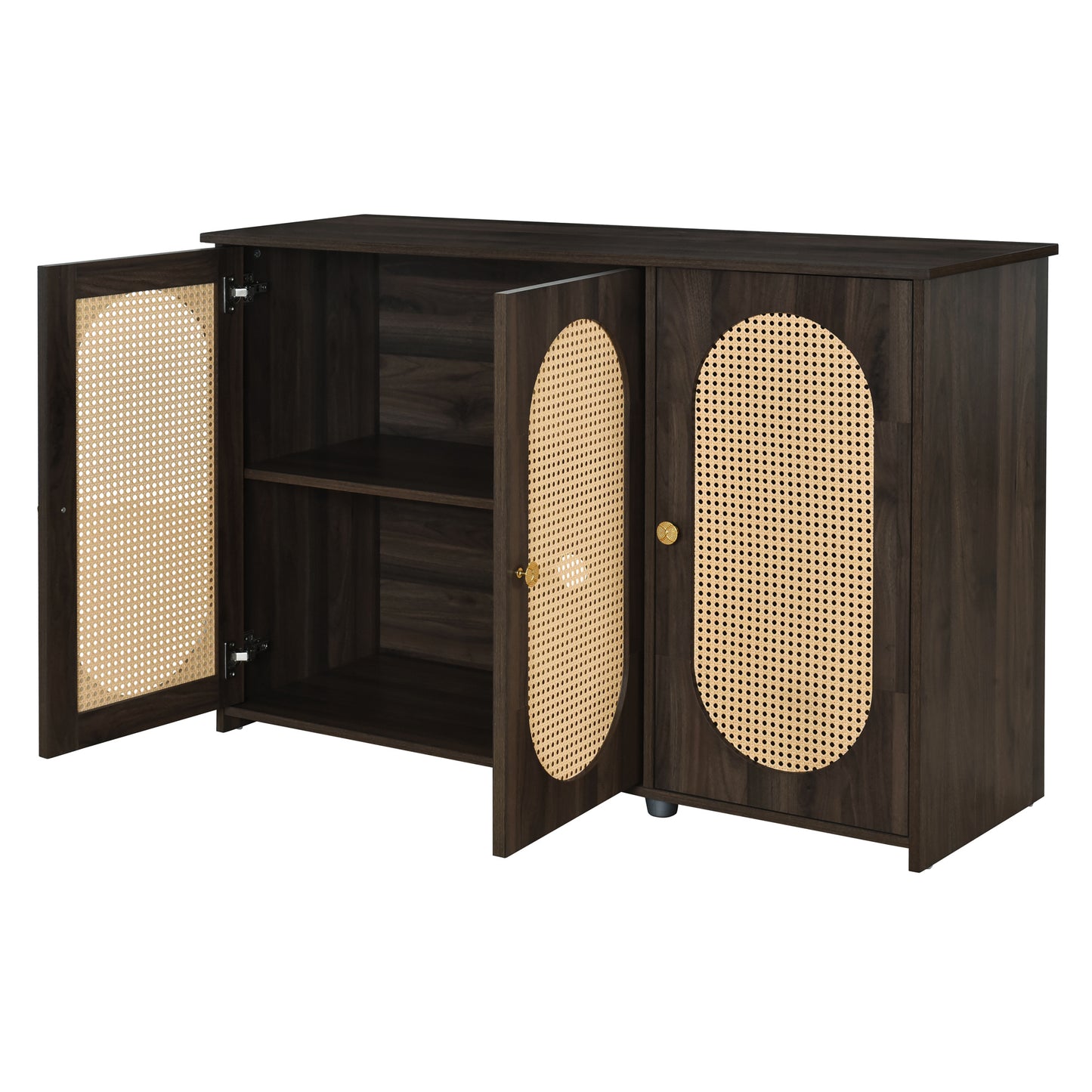 Retro 3-Door Accent Cabinet with Rattan Doors and Metal Handles for Living Room and Hallway Storage Brown