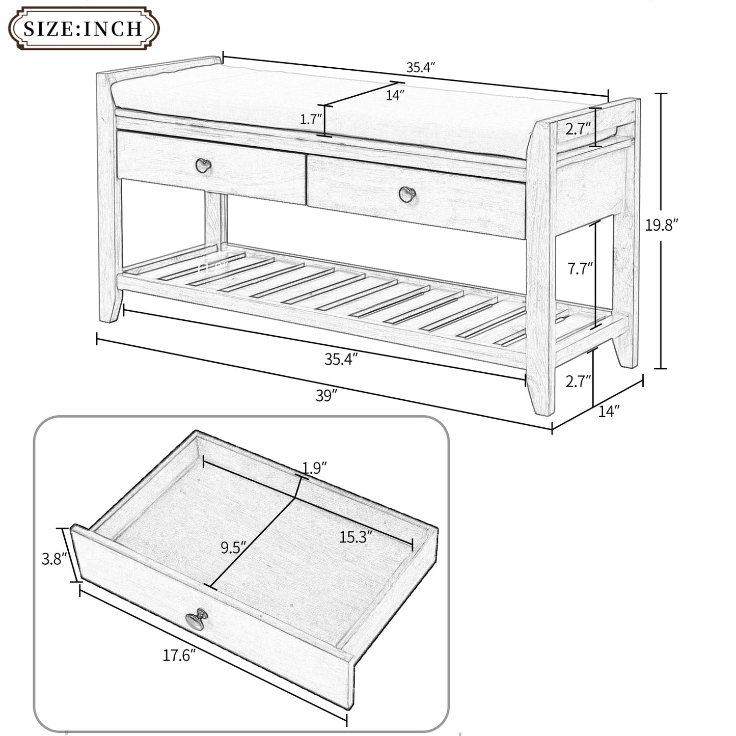 Multipurpose Entryway Storage Bench with Cushioned Seat and Drawers Espresso Shoe Rack for Home Organization