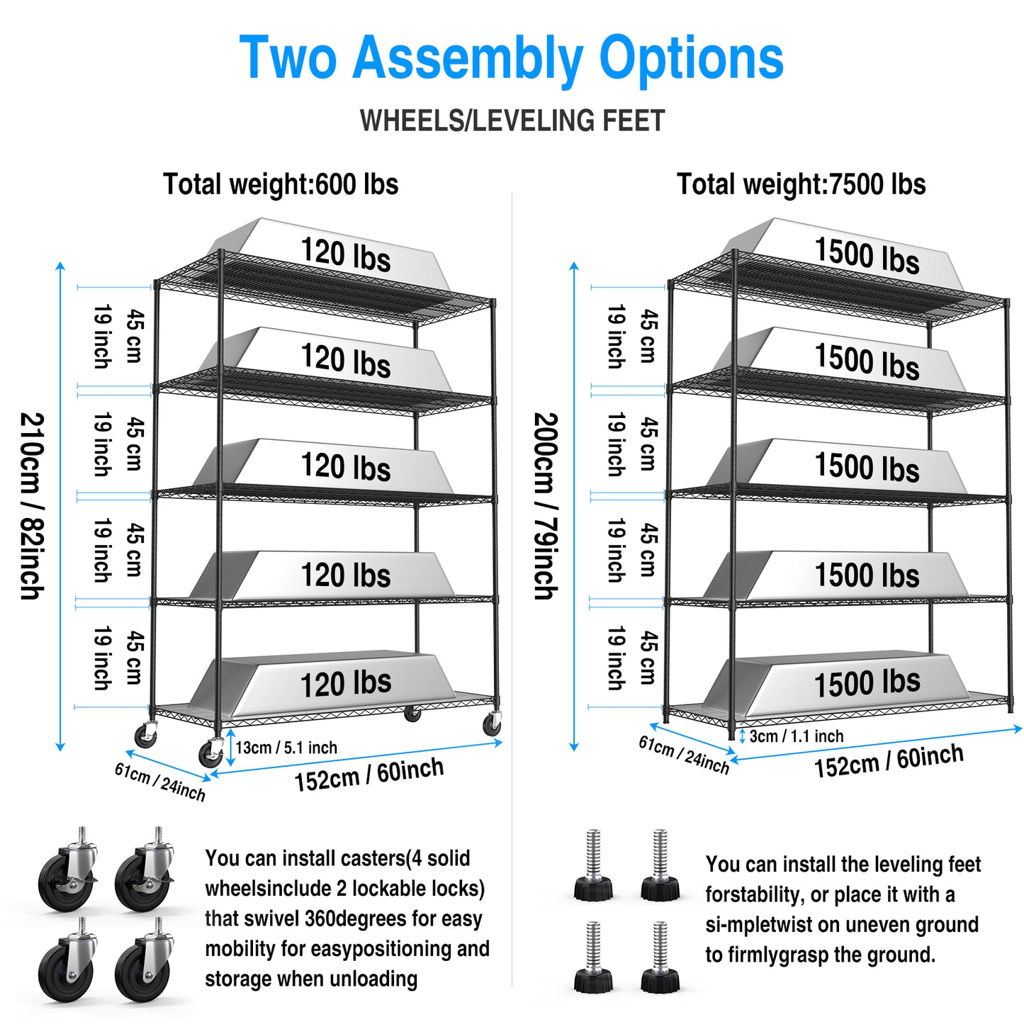 Heavy Duty Adjustable Storage Rack 7500lbs Metal Shelf Wire Shelving Unit with Wheels and Shelf Liners 82H x 60L x 24D Black