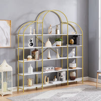 74.8 Inch 5 Tier Office Bookcase Bookshelf Display Shelf Round Top X Bar Gold Frame Modern Home Decor