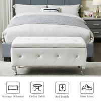 Upholstered Storage Ottoman Bench Faux Leather Rectangular Footrest with Crystal Buttons for Bedroom Living Room Entryway White