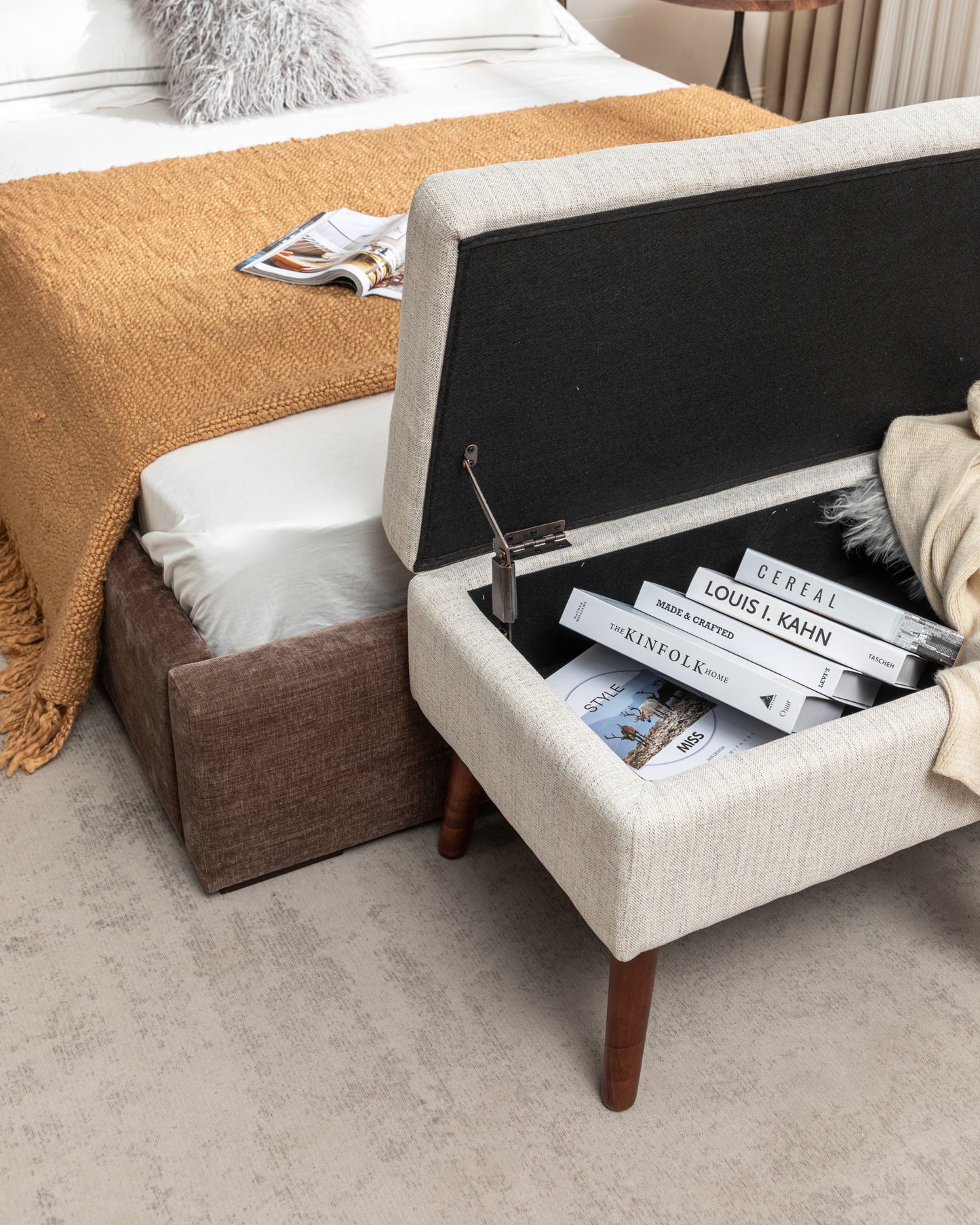 Off White Storage Bench for Bedroom or Entryway 43.7 Inch Ottoman Foot of Bed Seating Solution