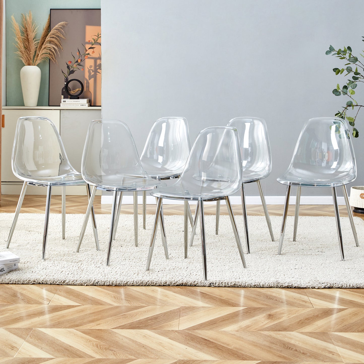 Modern Minimalist Transparent Dining Chair Set 6pcs Armless Nordic Makeup Stool with Silver Plated Metal Legs