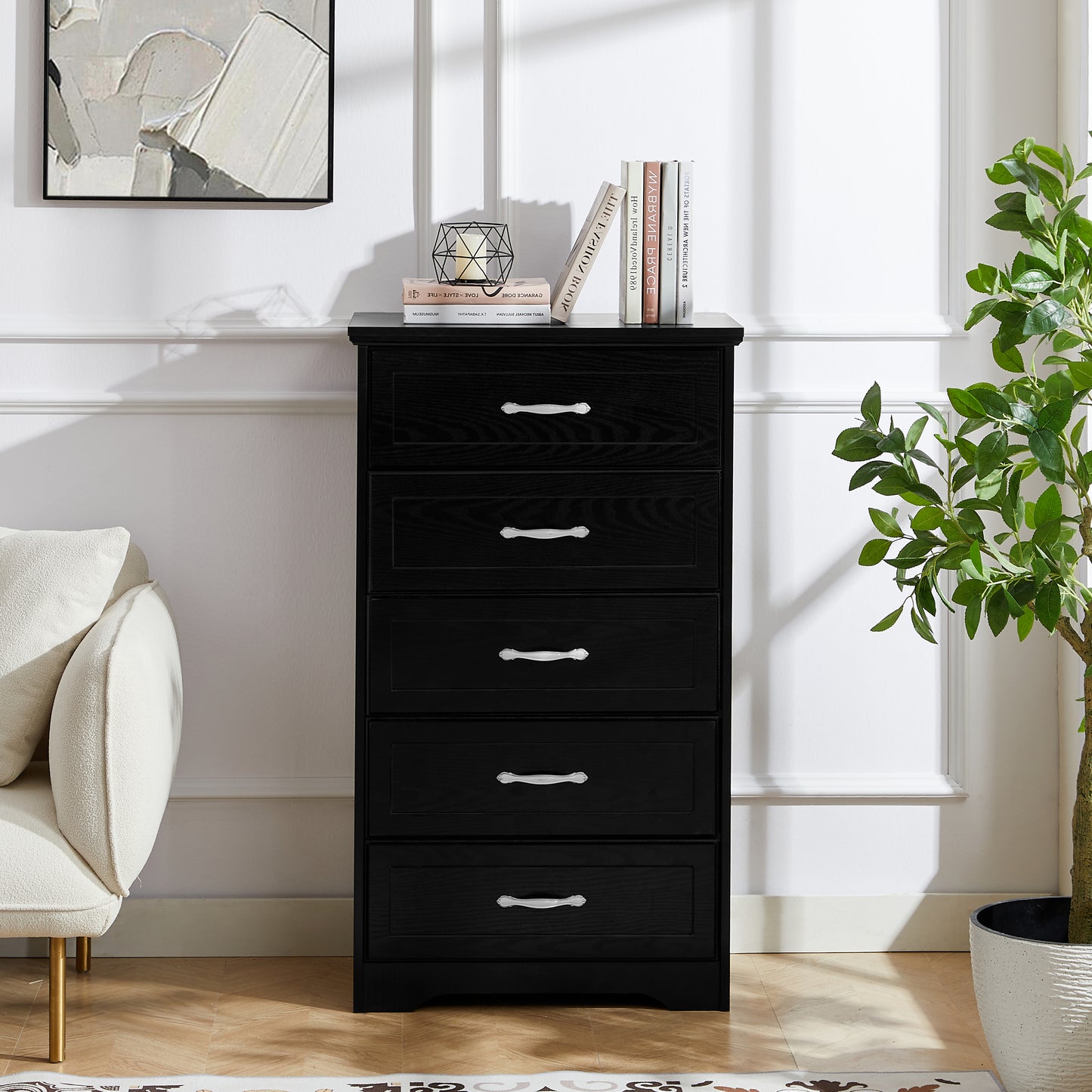 Modern 5 Tier Chest of Drawers with Metal Pulls for Bedroom Living Room Organizer Black 25.2L x 15.8W x 43.5H
