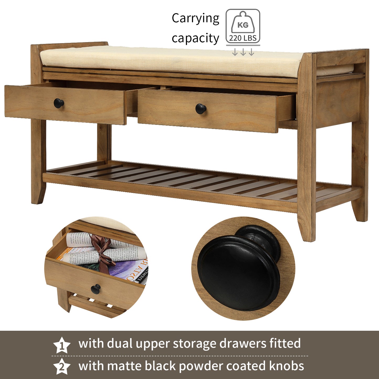 Multipurpose Entryway Storage Bench with Cushioned Seat and Drawers Old Pine Shoe Rack