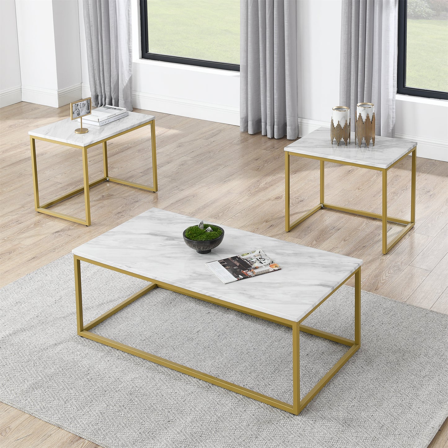 White Faux Marble Coffee Table Set Modern Design with 2 Side Tables for Living Room and Office White Gold Finish