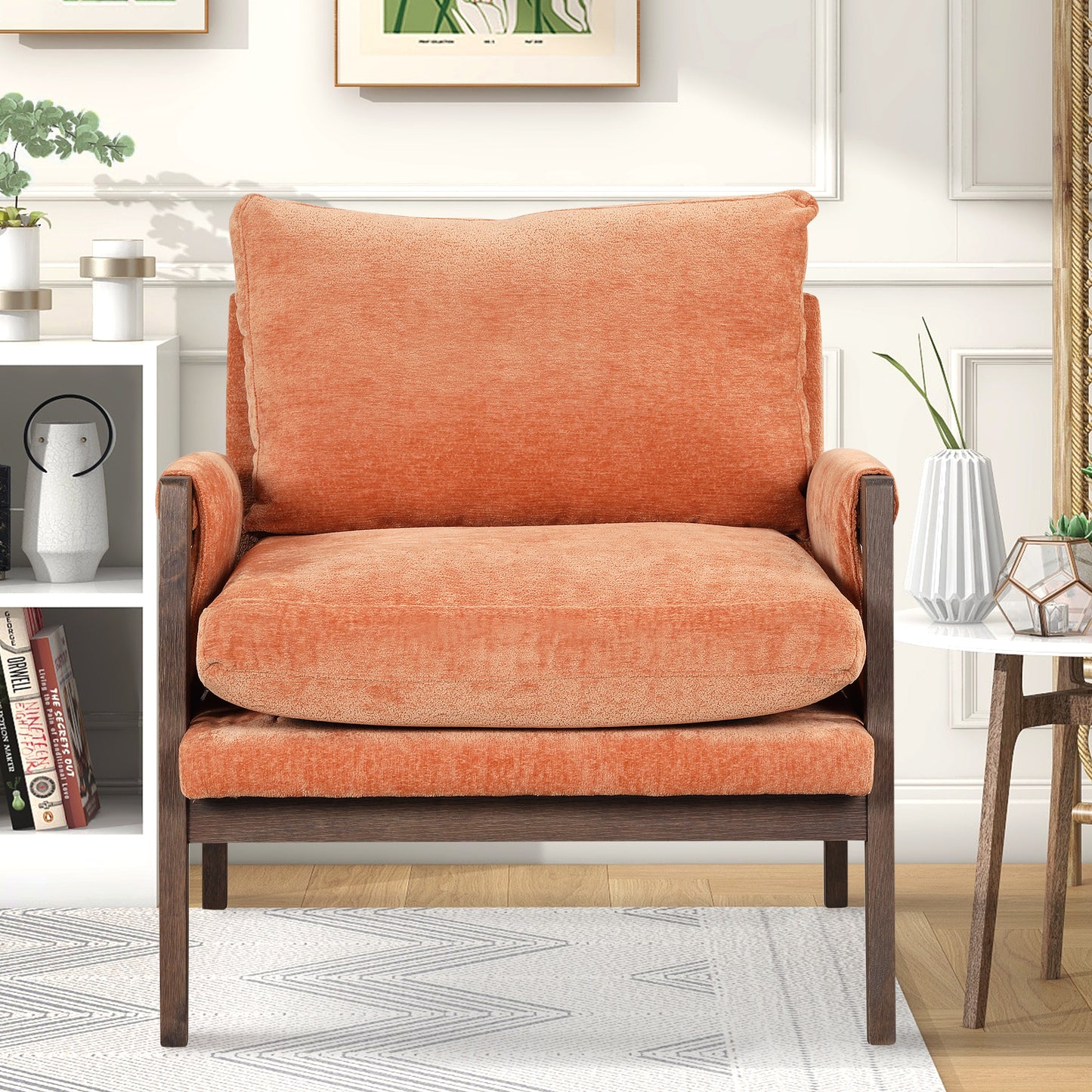 Mid-Century Modern Velvet Accent Chair Solid Wood Thick Cushion for Living Room Bedroom Studio Orange