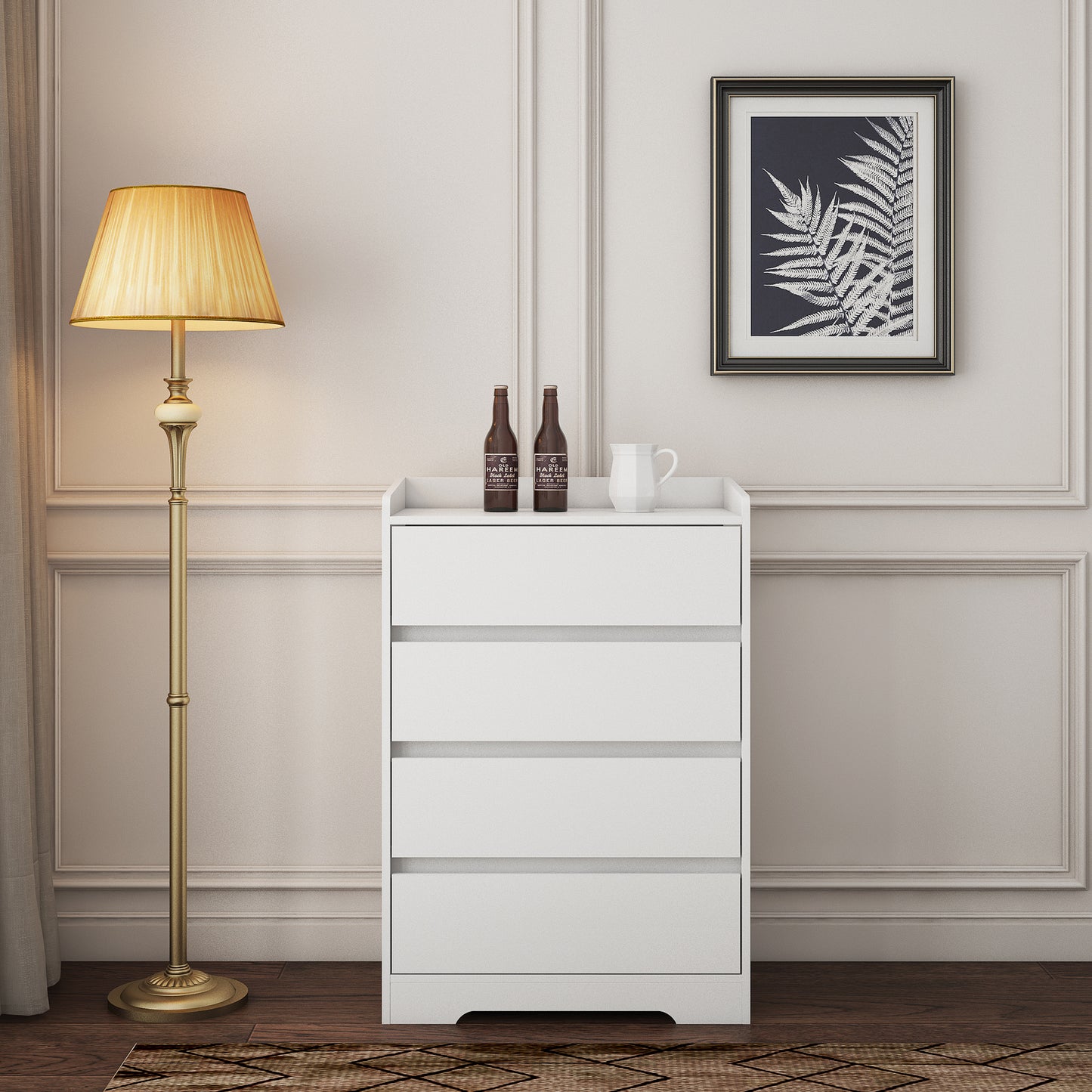 Modern 4 Drawer Dresser - Handle-Free White Wooden Chest, Waterproof Storage Cabinet for Bedroom, Living Room, Entryway, Office