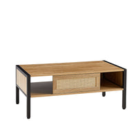 40.16 Inch Rattan Coffee Table with Sliding Door Storage and Metal Legs Modern Living Room Furniture Natural Design