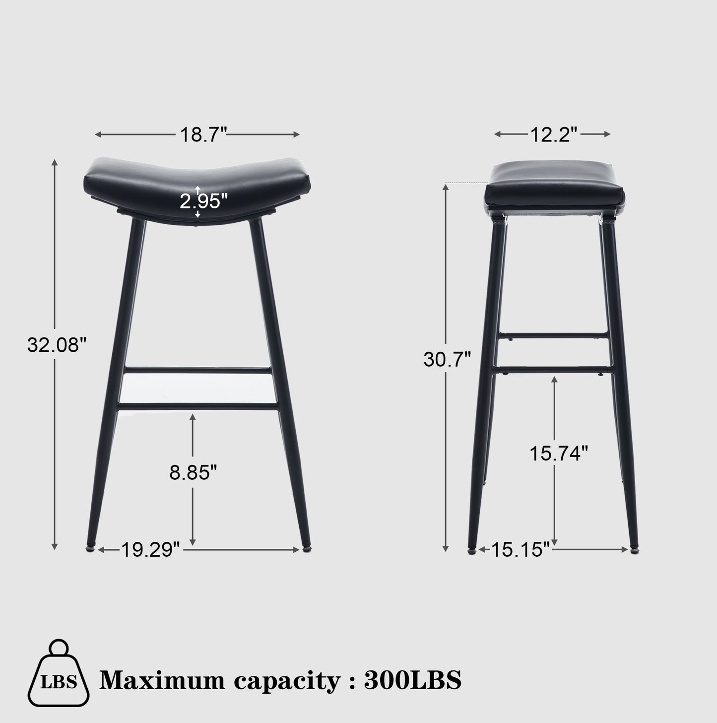 Counter Height Bar Stool Set of 2 PU Upholstered Breakfast Stools with Footrest for Kitchen Dining Room Island Black