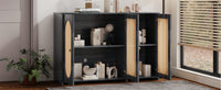 Retro 3-Door Accent Cabinet with Rattan Doors and Metal Handles for Living Room and Hallway Antique Black
