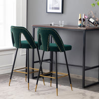 Modern Velvet Upholstered Bar Stool Set of 2 with Nailheads and Gold Tipped Black Metal Legs Green