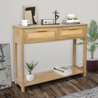 Console Table with 2 Drawers and Open Storage Shelf Narrow Accent Table Rattan Design for Living Room Entryway Hallway Natural Color