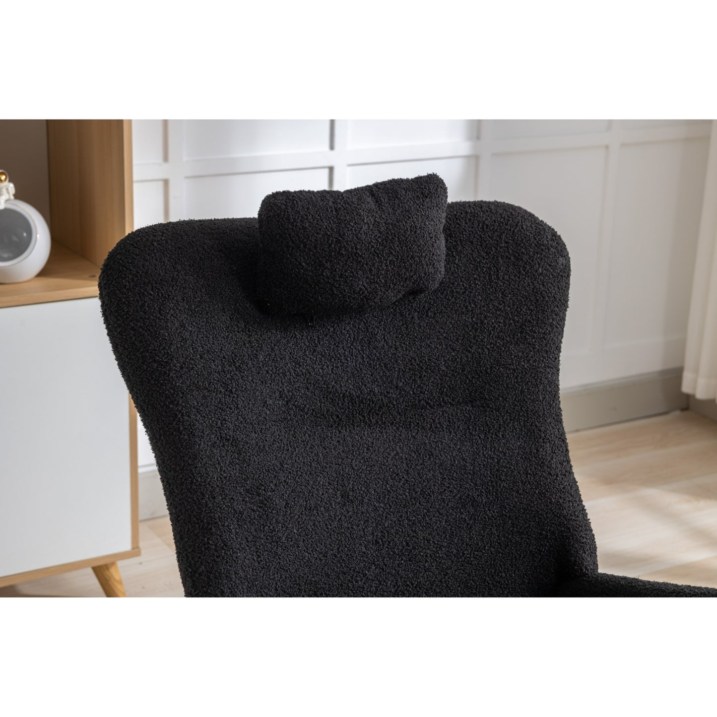 Black 35.5 Inch Soft Teddy Fabric Wingback Rocking Chair with Pocket Solid Wood Base for Nursery Living Room Bedroom