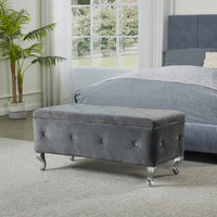 Tufted Storage Ottoman Bench for Bedroom End of Bed Large Upholstered Footrest with Crystal Buttons for Living Room Entryway Grey