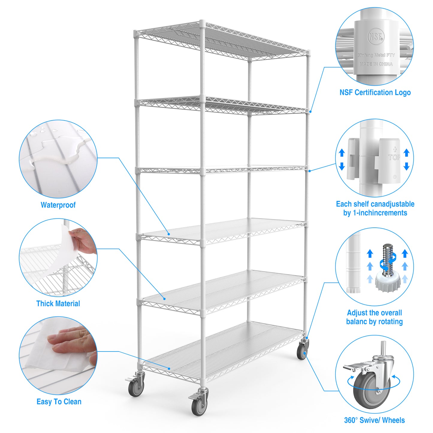 Heavy Duty 6 Tier Wire Shelving Unit 6000 LBS Capacity NSF Adjustable Metal Garage Storage Shelves with Wheels White