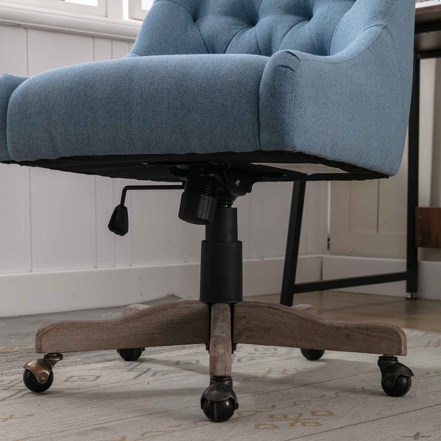 Adjustable Height Swivel Office Chair with Wheels Linen Fabric Upholstered Desk Chair Wooden Legs Navy