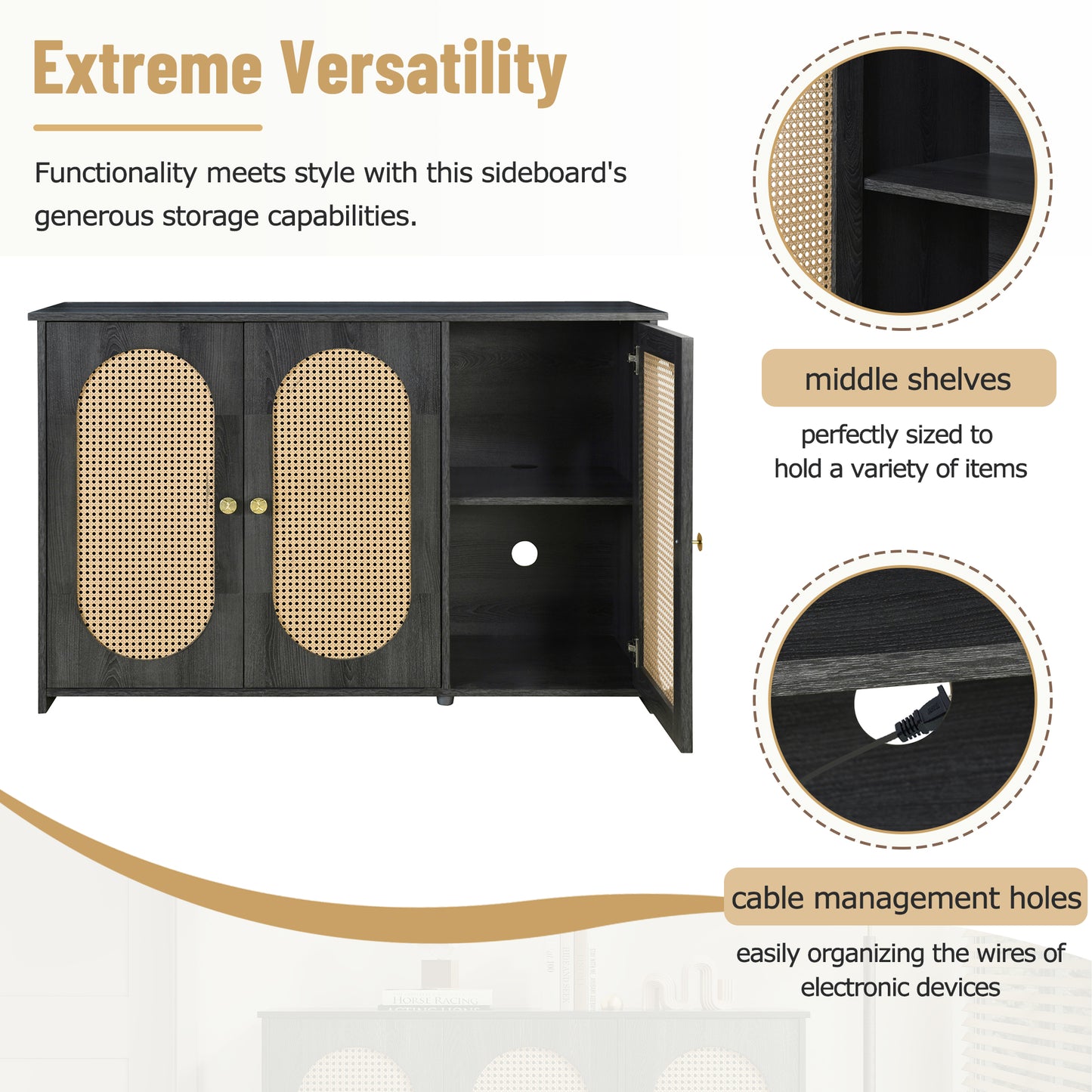 Retro 3-Door Accent Cabinet with Rattan Doors and Metal Handles for Living Room and Hallway Antique Black