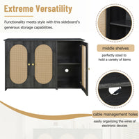 Retro 3-Door Accent Cabinet with Rattan Doors and Metal Handles for Living Room and Hallway Antique Black
