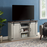 Classic Farmhouse TV Stand for TVs Up to 60 inches with Sliding Doors and Open Storage Light Gray 54.5 InchW 15.75 InchD 30.5 InchH