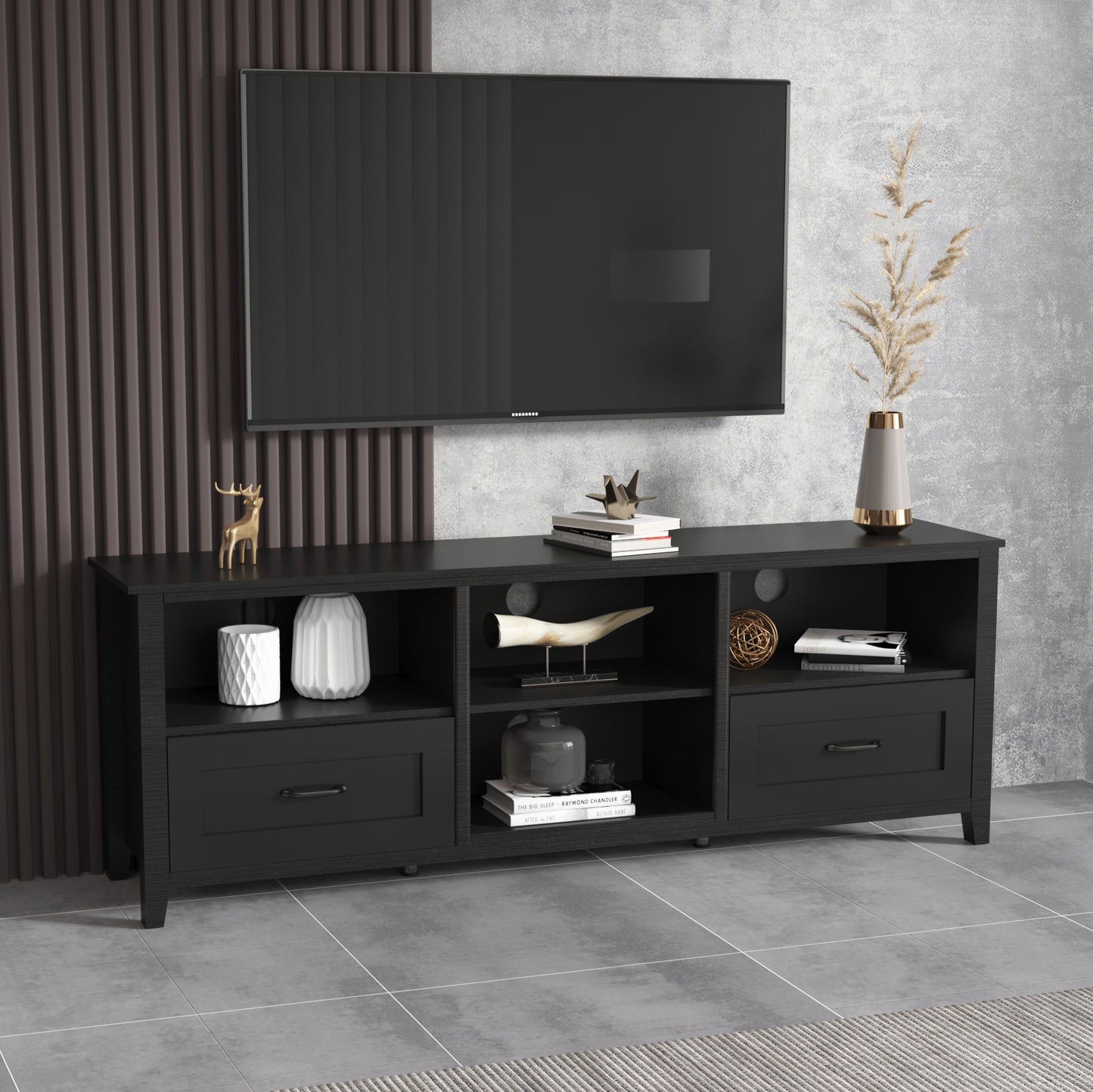 70 Inch Black TV Stand for Living Room and Bedroom with 2 Drawers and 4 Storage Compartments