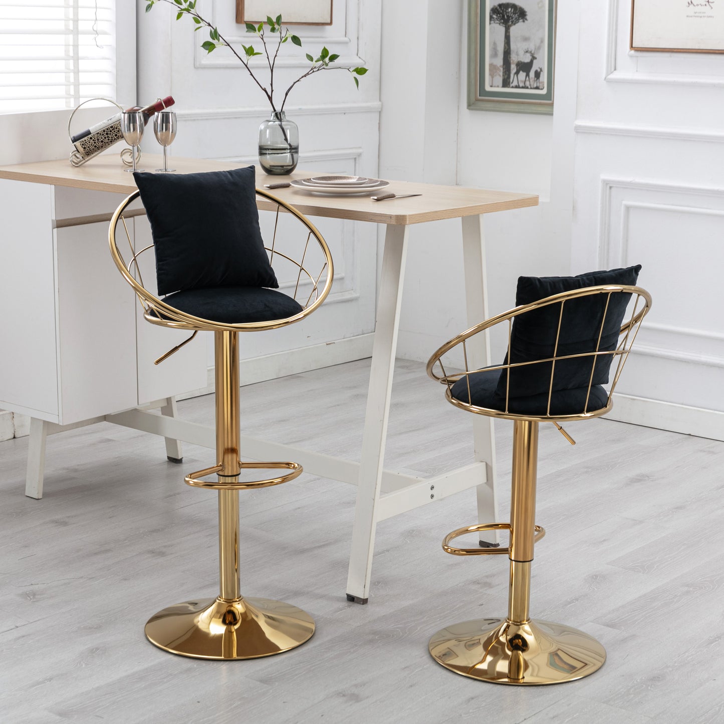 Black Velvet Bar Chair Set of 2 Gold Plated Unique Design 360 Degree Rotation Adjustable Height Ideal for Dining Room and Bar