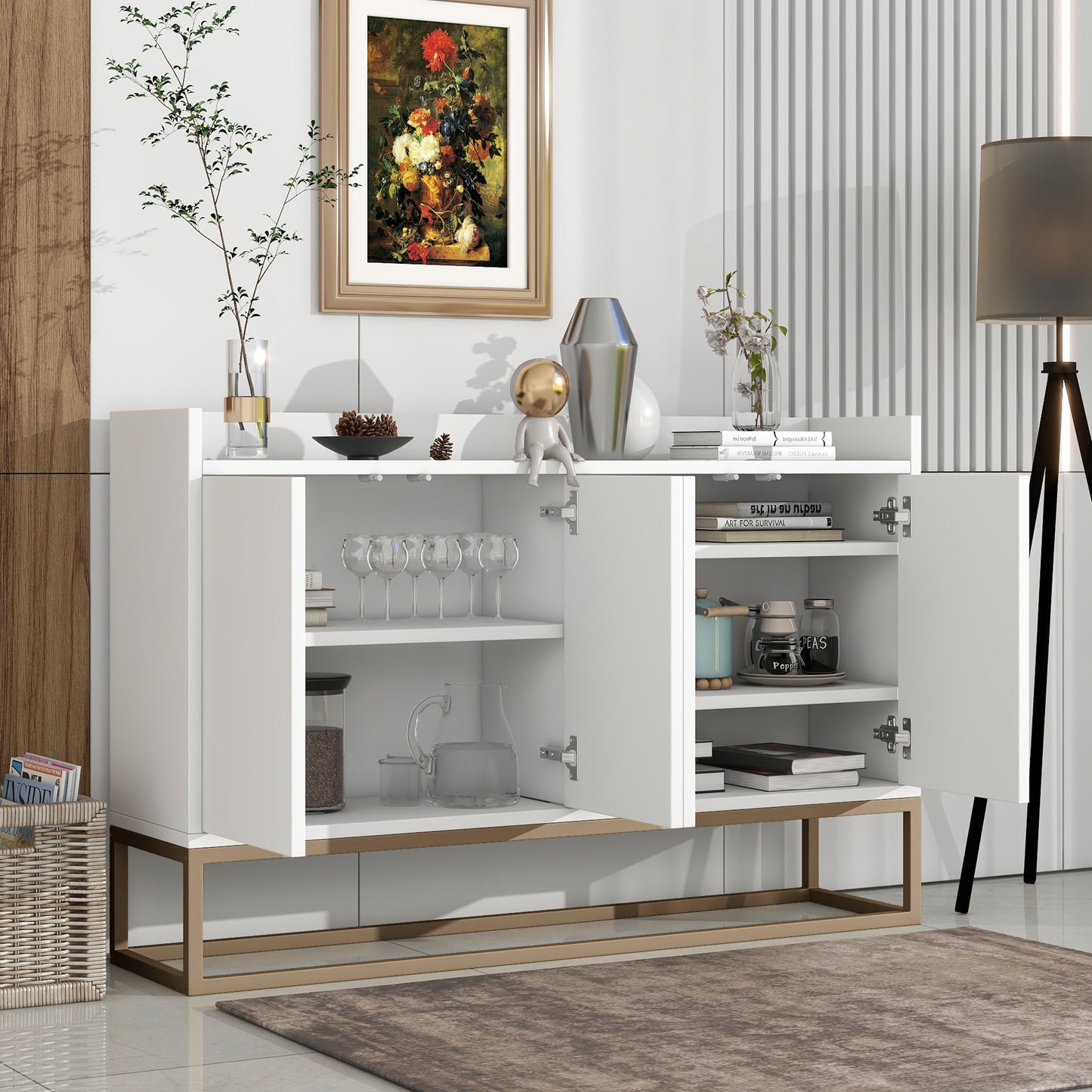 Modern Sideboard Elegant Buffet Cabinet Large Storage Space for Dining Room Entryway White