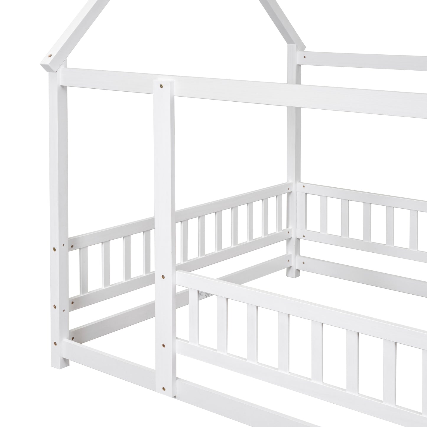 Wooden Full Size Bed With House Roof Frame And Fence Guardrails In Grey