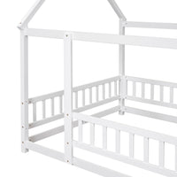 Wooden Full Size Bed With House Roof Frame And Fence Guardrails In Grey