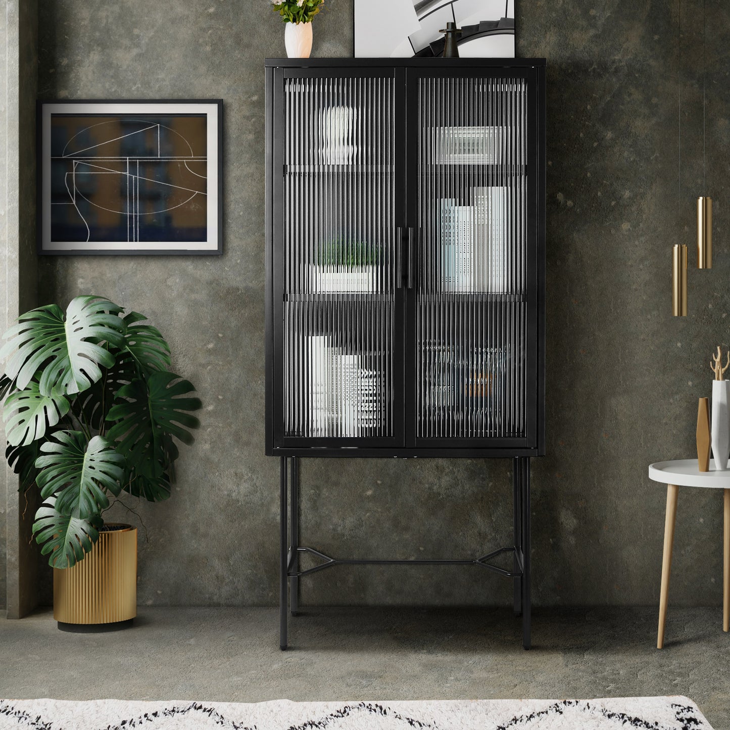 Elegant Floor Cabinet with 2 Tempered Glass Doors Adjustable Shelves Dust-Free Easy Assembly Black Living Room Display Storage