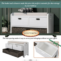 Storage Bench with Removable Cushion and 2 Drawers, Fully Assembled Shoe Organizer with Removable Basket, White