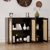 Retro 3-Door Accent Cabinet with Rattan Doors and Metal Handles for Living Room and Hallway Storage Brown