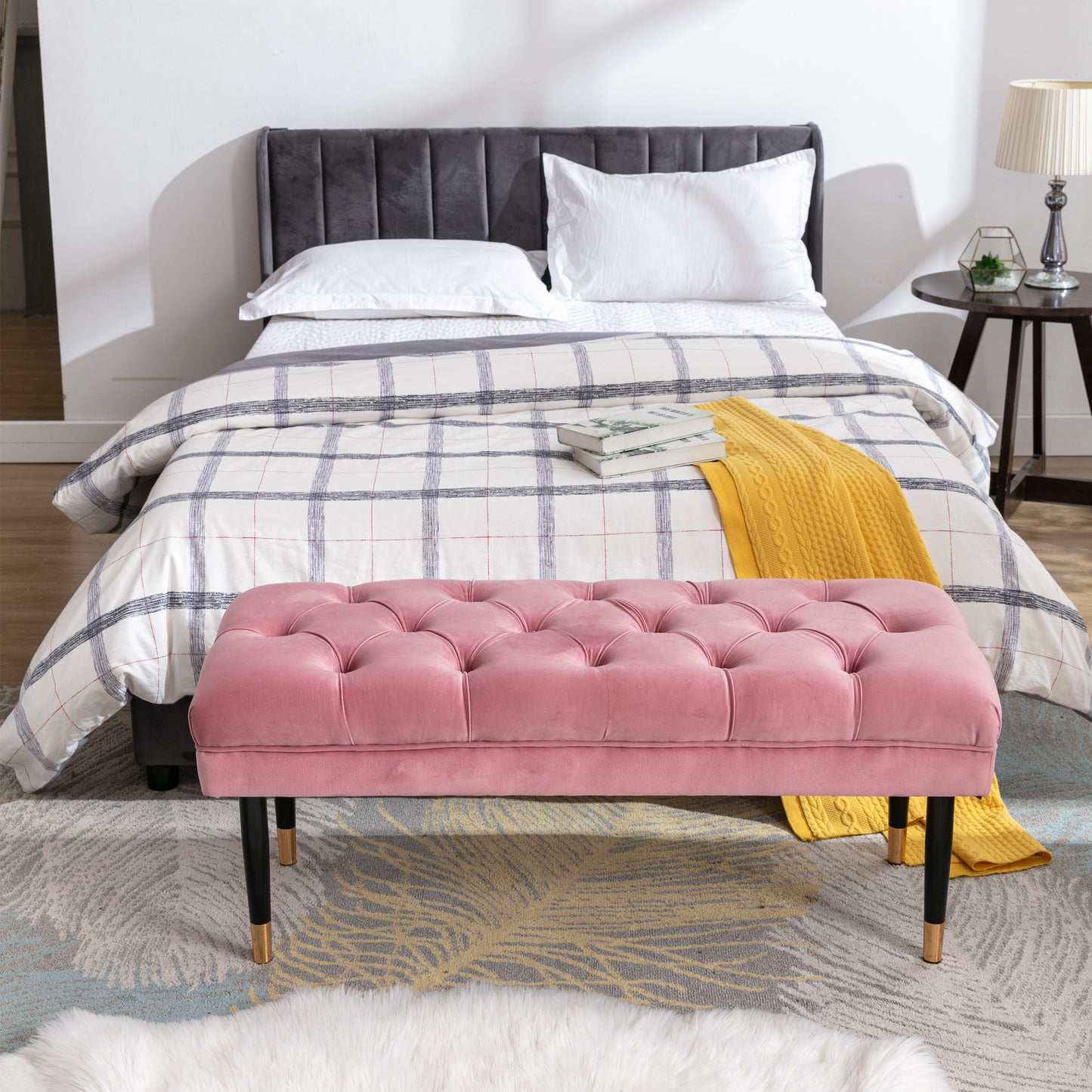 Tufted Velvet Ottoman Bench Modern Upholstered Footstool with Metal Legs for Living Room Entryway Bedroom Pink