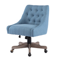 Adjustable Height Swivel Office Chair with Wheels Linen Fabric Upholstered Desk Chair Wooden Legs Navy