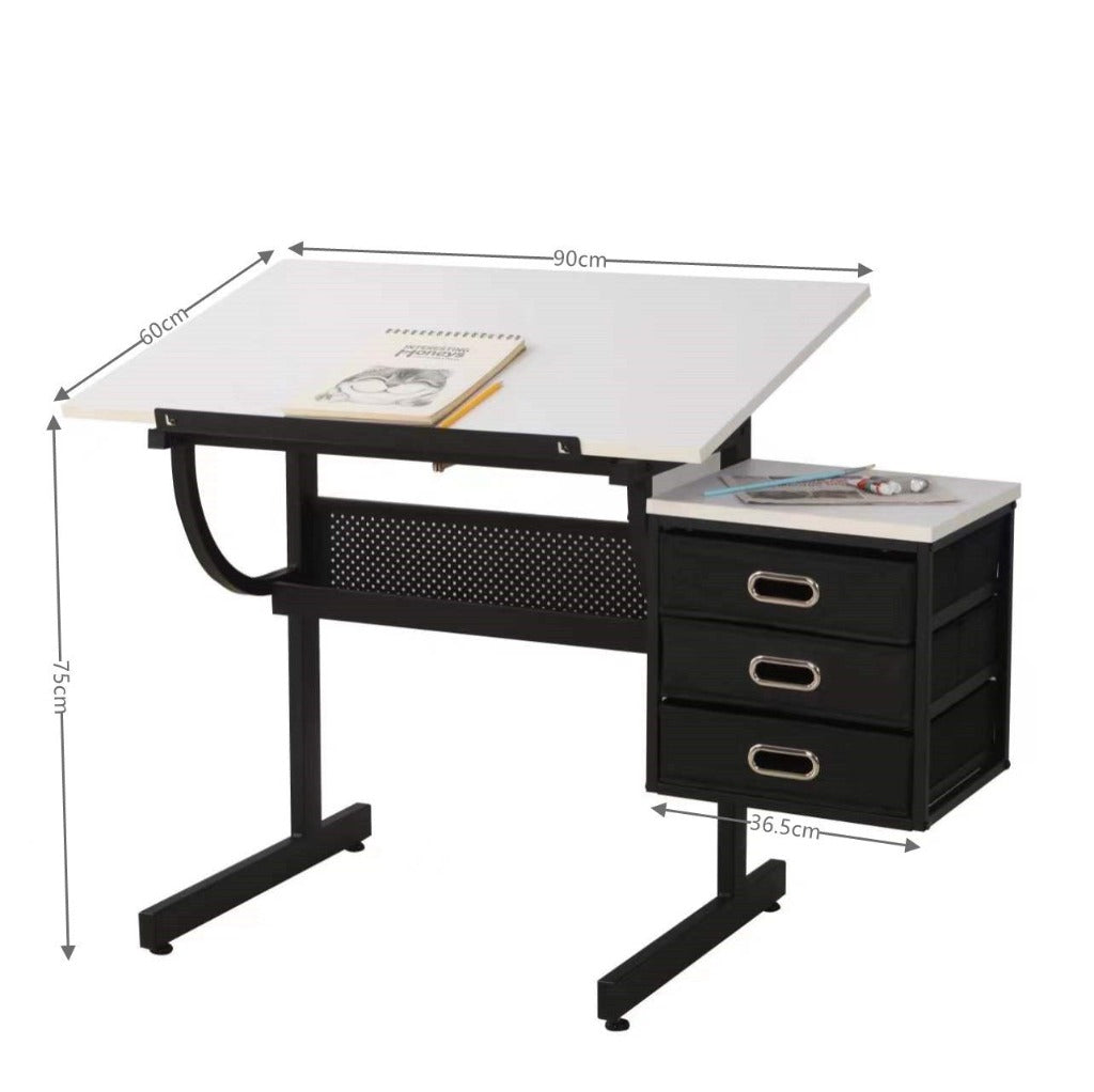 White Adjustable Drafting Table with Stool and 3 Drawers for Art and Design