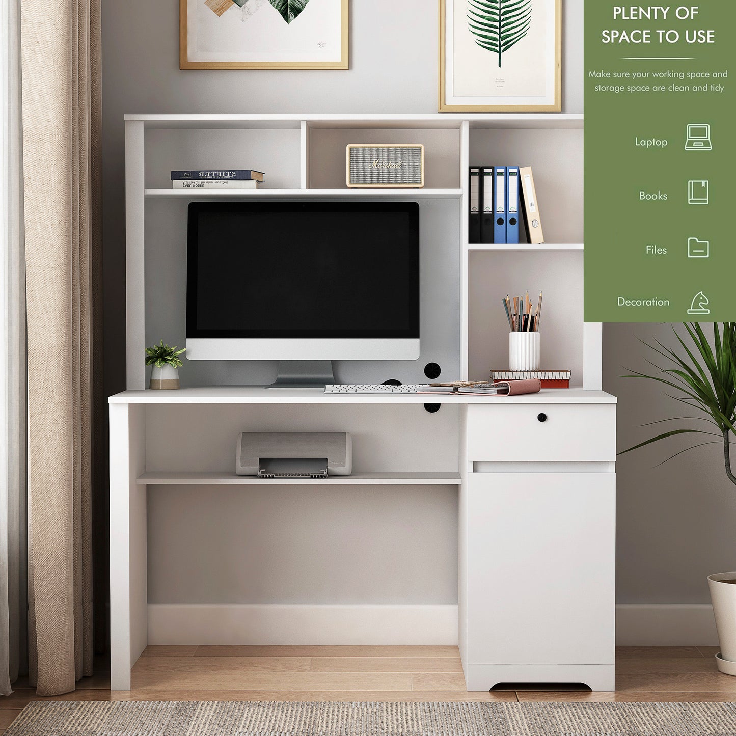 White Wood Executive Desk with Hutch Bookshelf 3 AC Outlets 2 USB Ports for Home Office Study