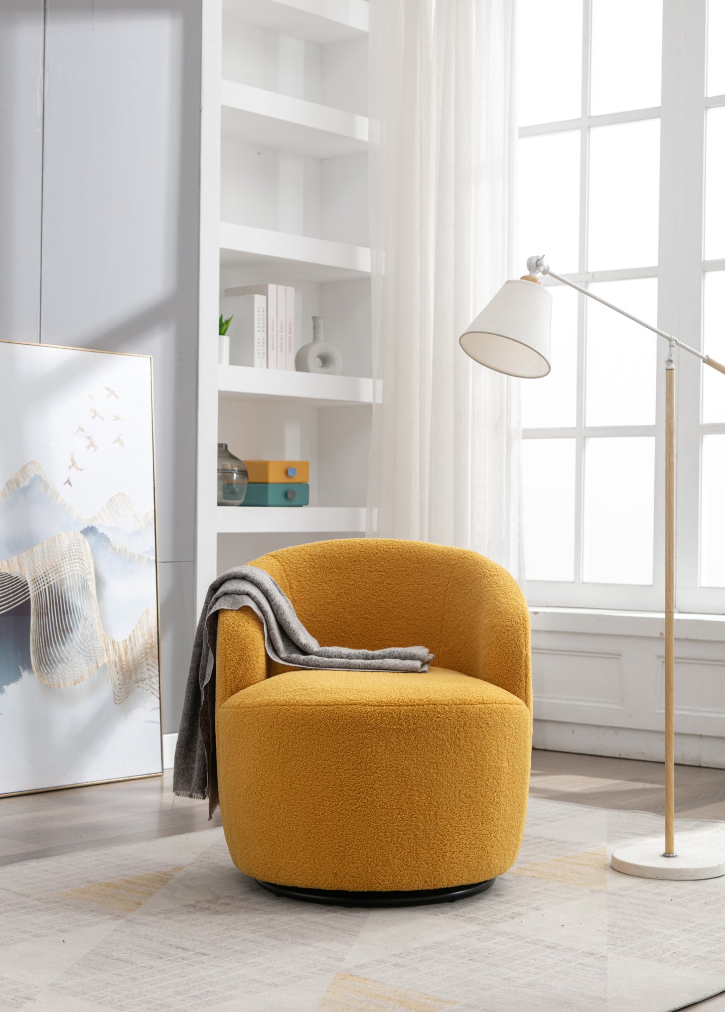 Teddy Fabric Swivel Accent Barrel Chair with Metal Ring Yellow Modern Design for Living Room